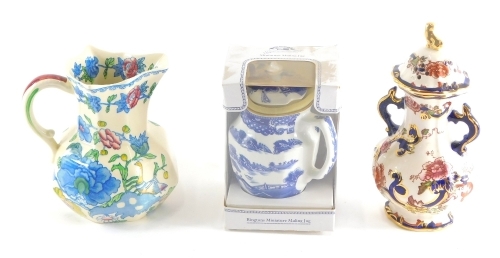 A Masons ironstone Regency pattern jug, 19cm high, Mandalay two handled vase, and a boxed Rington's Maling miniature jug. (3)