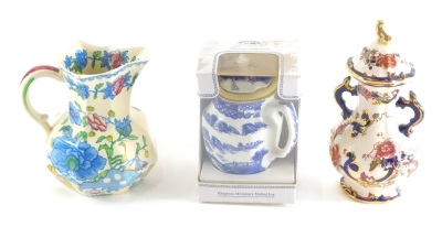 A Masons ironstone Regency pattern jug, 19cm high, Mandalay two handled vase, and a boxed Rington's Maling miniature jug. (3)