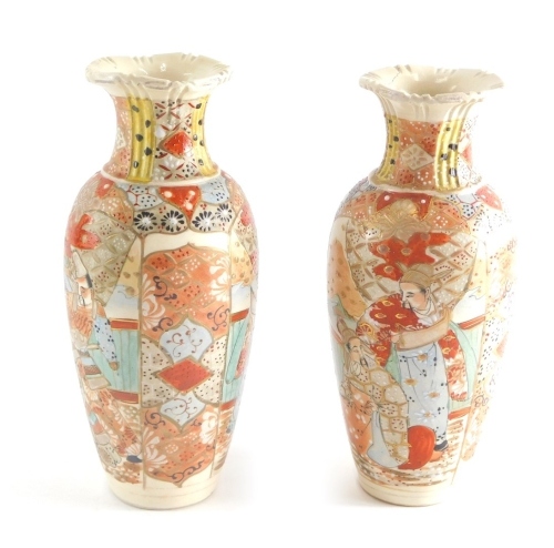 A graduated pair of 20thC Satsuma pottery vases, each decorated with samurai and flowers, 27cm high, etc. (2)