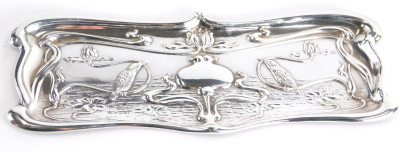 An Art Nouveau rectangular silver tray, decorated with flowers, kingfishers, etc., Chester 1903, by William Neale, 3.2oz.