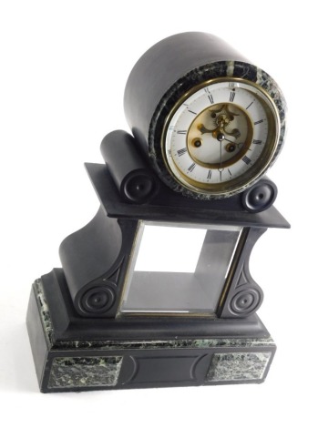 A 19thC black slate and marble mantel clock, with elaborate 14cm diameter Roman numeric dial, in scroll case, with visible pendulum and eight day movement, 48cm high.