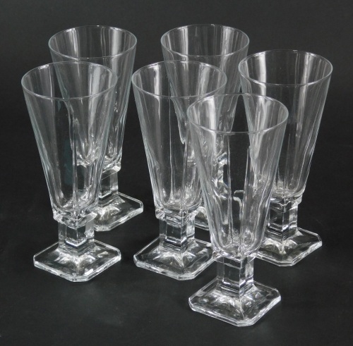 A set of six Baccarat style ale glasses, each with shaped square feet, unmarked, 16cm high. (6)