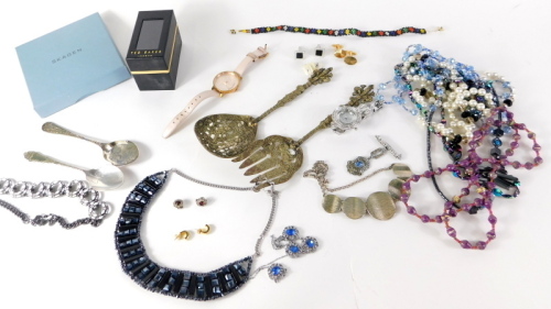 Various costume jewellery and effects, Skagen and other items, Ted Baker wristwatch, with bow, 4cm diameter dial, various costume jewellery and effects. (a quantity)