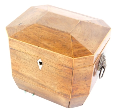 A Regency rosewood tea caddy, of octagonal form, now a jewellery box with removable tray, lion's mask ring handles, 18cm wide.