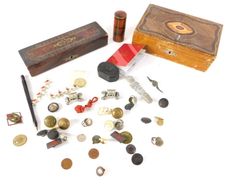 An early 20thC pencil box, with plain interior, 23cm wide, a Tartanware needle case, miniature coronation coach, early 19thC shell capped snuff box, jewellery casket, brass buttons, etc. (a quantity)