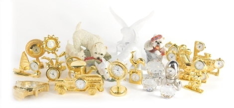 Various Dimpix and other miniature clocks, mainly with quartz movement, 6cm high, various other ornaments, Royal Copenhagen highland terrier, Goebel frosted and clear glass eagle ornament, other terrier figures, etc. (a quantity)