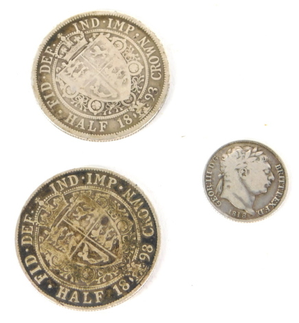 Various coins, Queen Victoria half crown 1898, another 1893, a George III coin. (3)