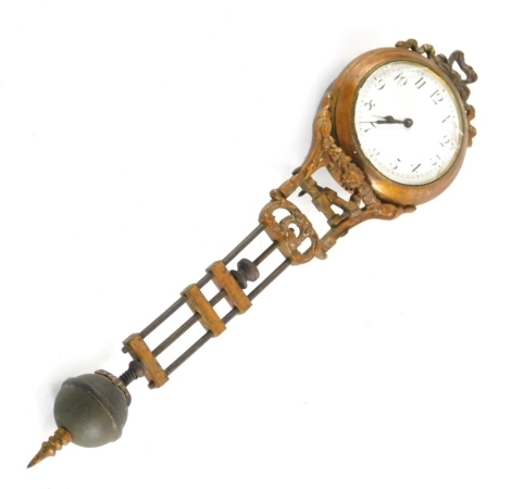 A 19thC pendulum clock, in shaped metal case with 5cm diameter Arabic dial.