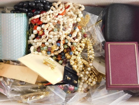 Various costume jewellery and effects, earrings in box marked 9ct, various beads, necklaces, chains, various cameo rings, ear clips, etc. (a quantity)