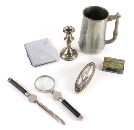 Various silver, silver plated ware, weighted candlestick, blotter, magnifying glass and paper knife set, chrome plated cigarette case, 12cm wide, etc., various marks and dates. (a quantity)