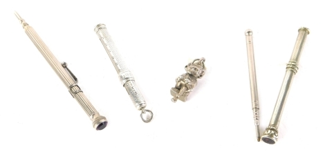 Various propelling pencils, etc., late Victorian Sampson Mordan example, partially engine turned, 8cm long, a Lincoln Imp silver plated charm. (a quantity)