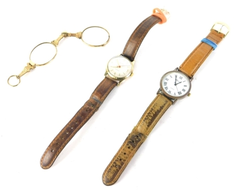 An early 20thC pince nez, with yellow metal chased frame unmarked 13cm long and two wrist watches (3)