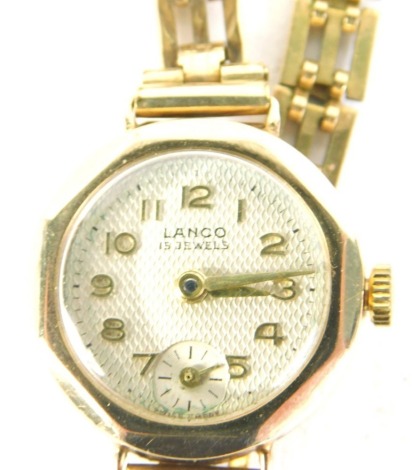 A Lanco cocktail watch, with octagonal case, 1cm wide Arabic dial and a gate bracelet with 9ct gold tag.