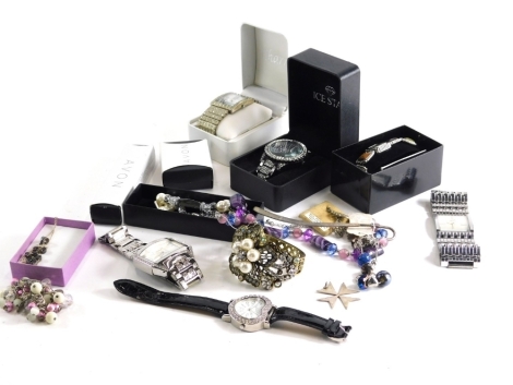 Various boxed wrist watches, charms, Ice Star 4cm diameter dial etc, various costume jewellery effects, other wrist watches etc. (quantity, boxed)