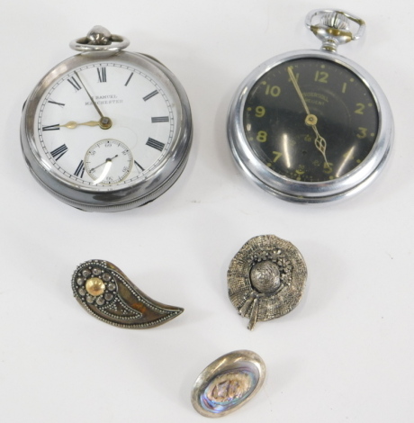 An Ingersoll chrome plated pocket watch, with a 5cm diameter dial, a H Samuel Chester hallmarked double cased open faced pocket watch and a small quantity of costume jewellery, various dates and makers. (quantity)