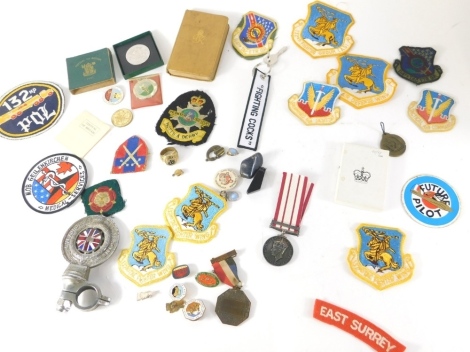 Various badges, medallions etc, vintage RAC badge, various iron-on fighter wing and other badges 8cm high etc, Festival of Britain cased 1951 crown, Bible, various other related items. (quantity)