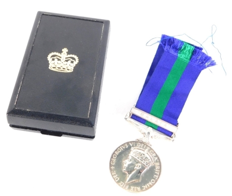 A George VI general service medal, with Malaya clasp and ribbon marked 19072709. PTE. K W ROBINSON RAMC. (cased)