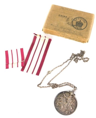 A George VI medal, marked D/JX.720561 H OAKLEY A.B. R.N., a navy general service medal attached to a link chain with ribbon. (boxed)