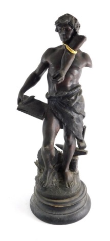 After Moreau. A bronze finish figure of a classical gentleman aside anvil and hammer, bearing signature, 52cm high. (AF)