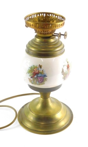 A 20thC brass and pottery table lamp, transfer printed with scenes of a courting couple with electrical feature 39cm high.