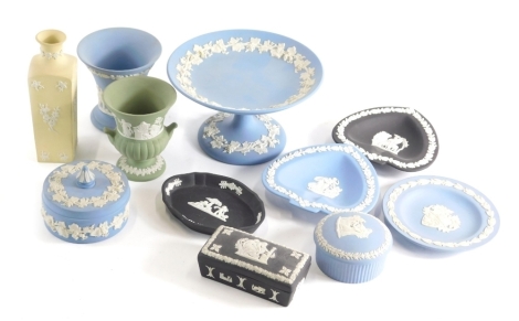 Various Wedgwood Jasperware, to include black Jasperware box and cover, 9cm wide, yellow Jasperware vase, blue Jasperware, etc. (a quantity)