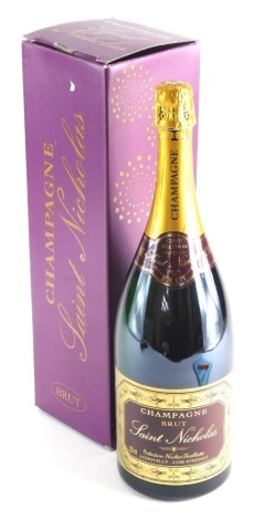 A bottle of Saint Nicholas brut champagne, boxed.