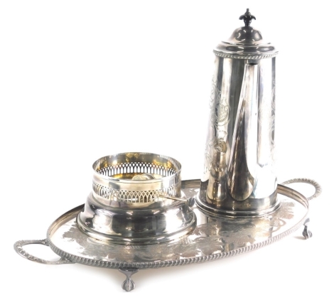 Various silver plated ware, a George I style coffee pot of larger proportion, etched with flowers with ebonised handle and knop, 34cm high, a serving tray etched with flowers, etc. (a quantity)