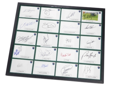 Various golfing signatures, some auto pen, etc, in a frame to include Padraig Harrington, Justin Leonard, Lee Westwood, Martin Kaymer, etc, a quantity framed, 53cm x 64cm.