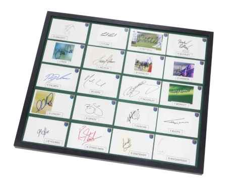 Various golfing signatures, some auto pen, etc, in a frame to include Fred Funk, Martin Laird, JB Holmes, etc, a quantity framed, 53cm x 64cm.