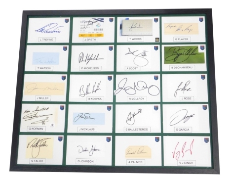 Various golfing signatures, some auto pen, etc, in a frame to include Tiger Woods, Lee Trevino, Gary Player, Adam Scott, etc, a quantity framed, 53cm x 64cm.