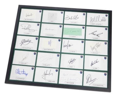 Various golfing signatures, some auto pen, etc, in a frame to include Nick Price, Keegan Bradley, Stuart Cink, John Daly, etc, a quantity framed, 53cm x 64cm.