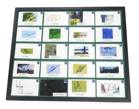 Various golfing signatures, some auto pen, etc, in a frame to include Kevin Na, C Smith, etc, a quantity framed, 53cm x 64cm.