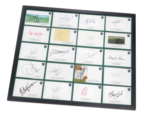 Various golfing signatures, some auto pen, etc, in a frame to include Tom Lehman, Tony Jacklin, Chip Beck, Payne Stewart, etc, a quantity framed, 53cm x 64cm.