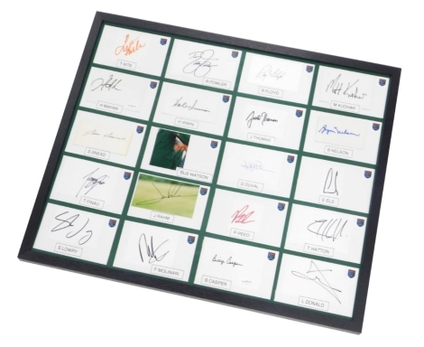 Various golfing signatures, some auto pen, etc, in a frame to include Raymond Floyd, Rickie Fowler, Matt Kuchar, Ernie Els, etc, a quantity framed, 53cm x 64cm.