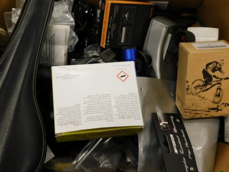 Various biking equipment, to include a leatherette racing saddle, 26cm wide, boxed threaded chargers, various other accessories. (a quantity)