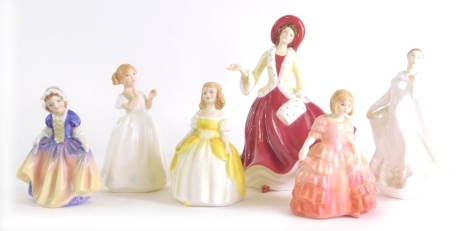 A collection of five small Royal Doulton figurines, Wisdom, Catherine, Rose, Penny and Dinky Do.