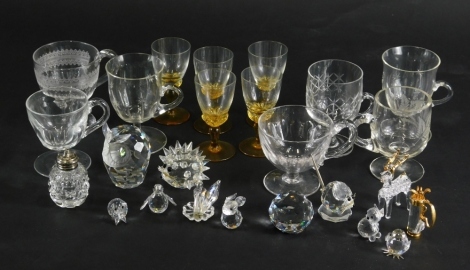 Various glassware early 20thC custard cups, Swarovski animals to include owl 8cm high, hedgehog, swan etc and a suite of five miniature glasses, etc. (a quantity)