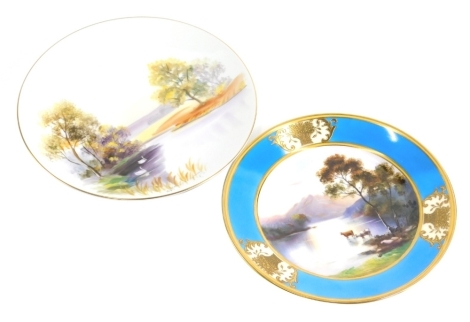 A 20thC Noritake porcelain plate hand painted with cattle in a stream before mountain, with gilt highlights and a further plate decorated with swans 21cm diameter. Marked beneath. (2)