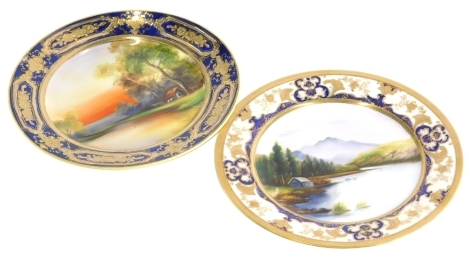 A 20thC Noritake porcelain plate, hand painted with cottage before trees and mountains, gilt highlights, 19cm diameter and a further plate. (2)