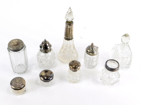 Various cut glass table jars, cut glass perfume bottle with glass stopper 7cm high, jar with silver collar, preserve pots, other jars, glassware, etc. (a quantity)