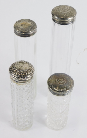 Various needle jars, with silver tops, one Birmingham 1925, 18cm high, etc. (4)