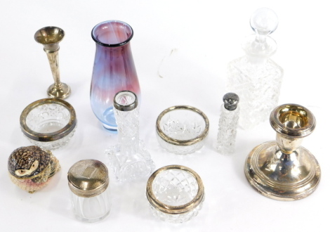 Various silver and glassware etc, dressing table jar with silver collar, cut glass salt, marks rubbed, 5cm diameter, other cut glass, Elizabeth II weighted silver dwarf candlestick, other glass vases etc. (a quantity)