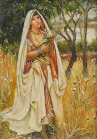 Lucker (b.1952). Figure of lady in shawl before trees, oil on board, bearing signature, 17cm x 11cm.