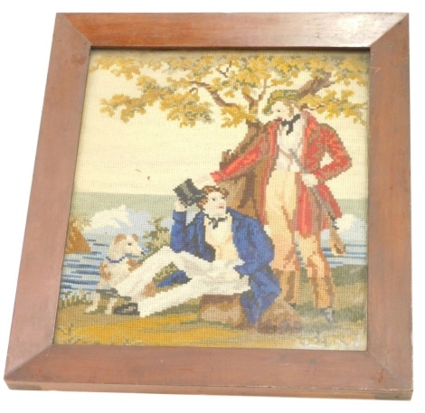 A Victorian wool work picture, depicting two gentleman and a dog beside a tree, in contemporary frame, image size 32cm x 27cm.