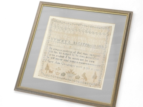 An early 19thC pictorial, motto and alphabetic sampler, by Mary Anne Goodridges, aged 10 years, 29cm x 32cm. (glazed and framed)