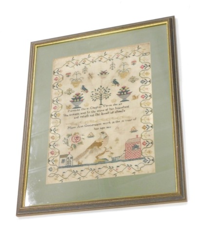 An early 19thC pictorial and motto sampler, by Mary Anne Goodridges, aged 10, 44cm x 32cm, (glazed and framed)