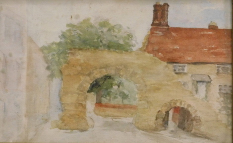 •20thC English School. Newport Arch - Lincoln, watercolour, unsigned, 21cm x 33cm, M. Long still life, M.J. Worthington landscape, watercolour (3).