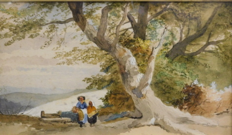 19thC School. Figures before tree with hills in the distance, watercolour, unsigned, 17cm x 29cm.