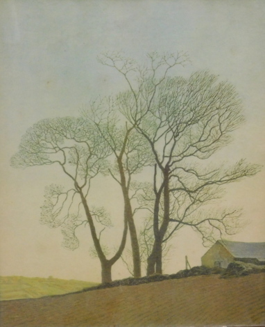 After Moore. Ploughed field, trees and building, print, 45cm x 35cm.