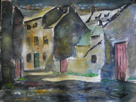 •Clifford Edgar Levi Knight (1930-2016). Houses, mixed media on canvas, unsigned, 55cm x 72cm, and another to reverse, signed and dated 2012, unframed.